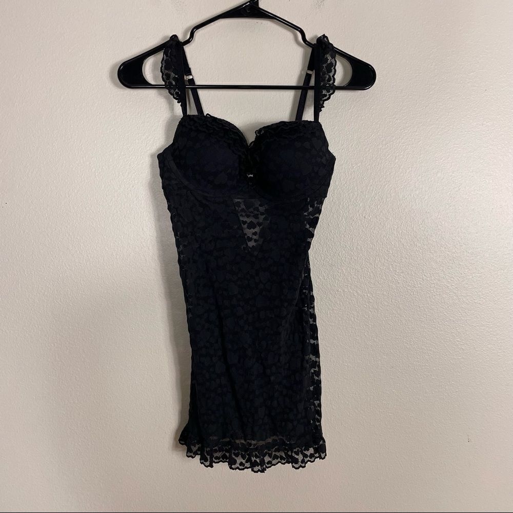 Victoria’s Secret Black Sheer Lace Heart Print Bra Slip Lingerie Dress Size M